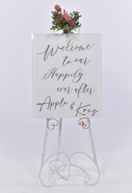 white acrylic wedding sign